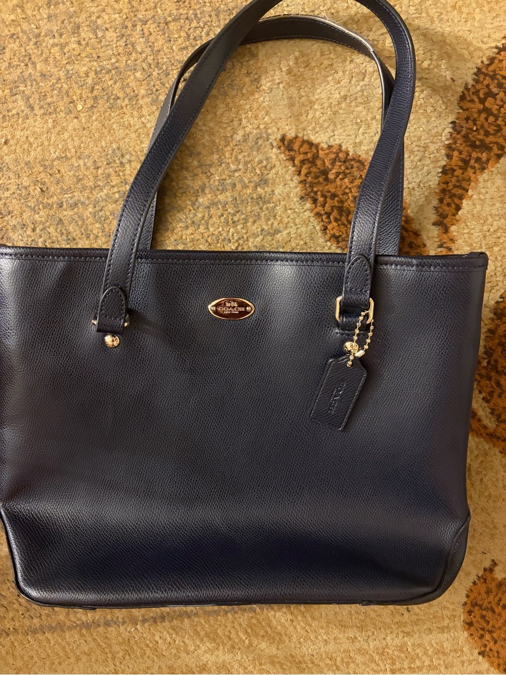 Coach Navy Leather Tote with Gold Accents